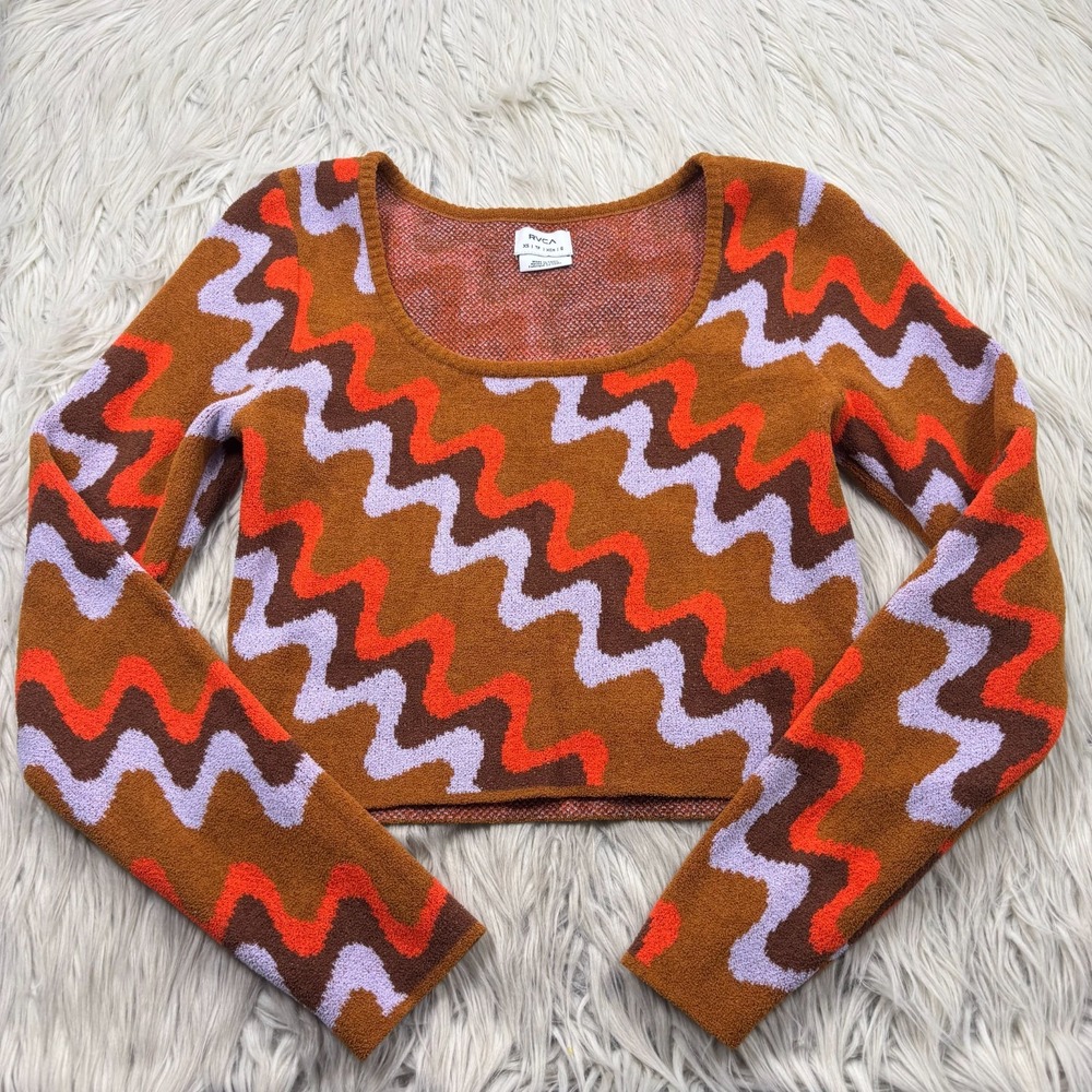 RVCA Women's XS Chenille Squiggle Cropped Desmond Sweater Dopamine Festival